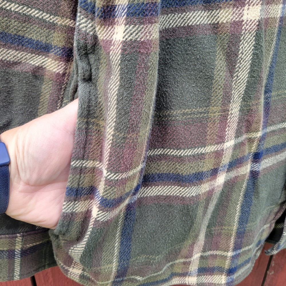 Orvis Mens XL Green Plaid Heavy Cotton Flannel Shirt Jacket Shacket Side Pockets - Picture 5 of 8